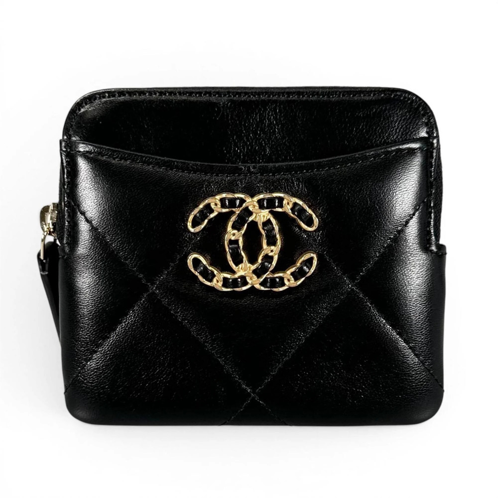 CHANEL Black Lambskin Leather Logo Wallet
